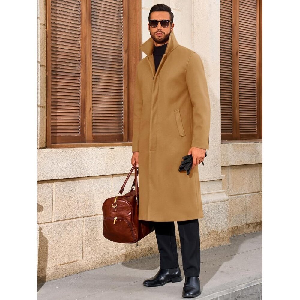 Men's Khaki Long Trench Coat Single Breasted Casual Winter Warm Pea Coat - Picture 4 of 5